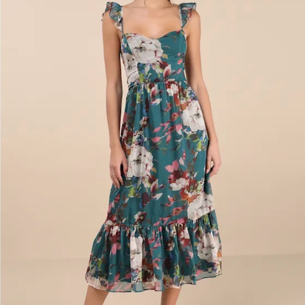 Lulu's Teal Floral Midi Dress